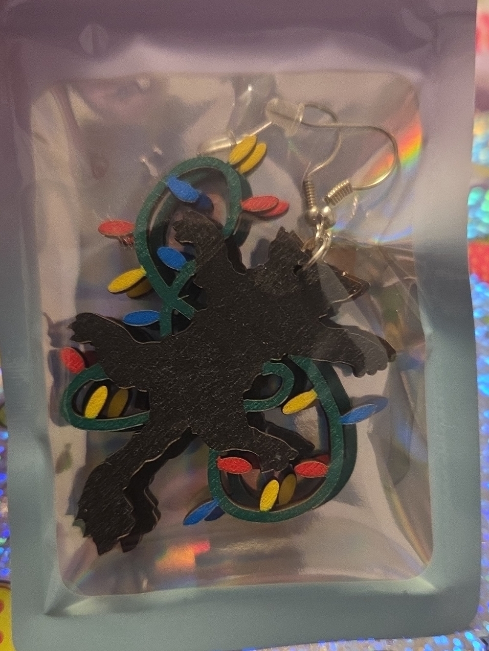 Black Cat Ornament Earrings with Rainbow Accent Lights